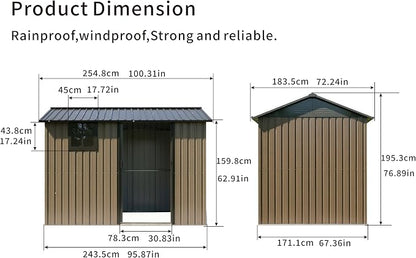 8x6 FT Outdoor Storage Shed,Galvanized Steel Heavy Duty Metal Tool Shed with Window & Vents,Sliding Door,Weatherproof Utility Shed for Backyard Patio Lawn,Brown