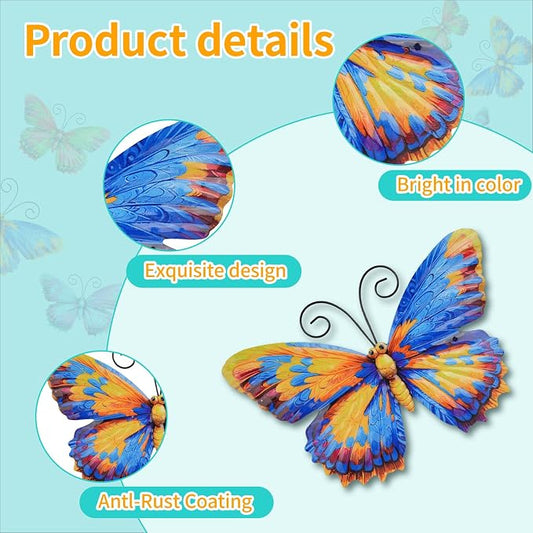Junware 4 Pieces Metal Butterfly Wall Art Decor - 7.5" Outdoor Fence Wall Sculpture Decor, Hanging Decoration for Garden Yard Living Room Bedroom Patio Balcony, Nice Gift for Mom Friend
