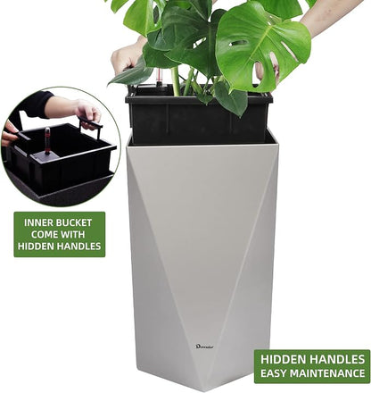 Dexceder 20 Inches Self Watering Tall Planter (Gray) | Diamond Metallic Matte, Thickened Rhombus Large Floor Standing Flower Plant Pot with Water Level Indicator Indoor Outdoor