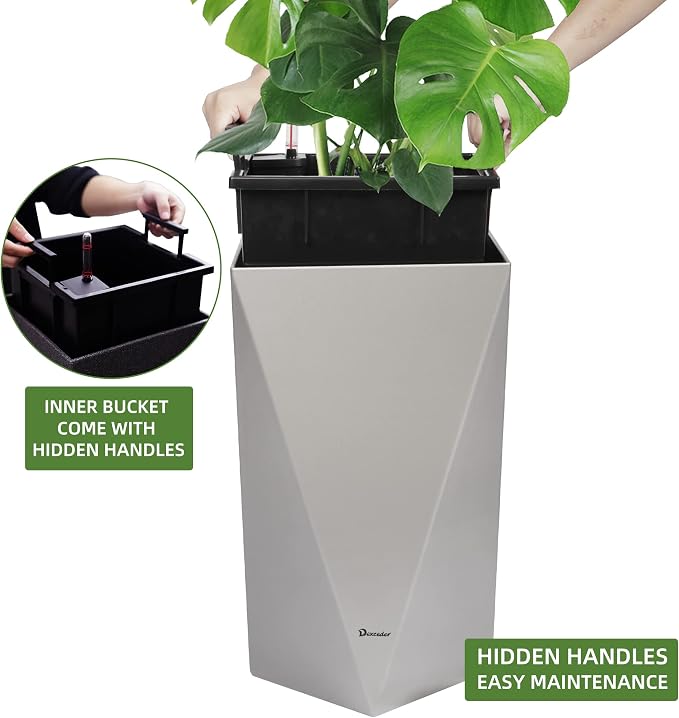 Dexceder 24 Inches Self Watering Tall Planter (Gray) | Diamond Metallic Matte, Thickened Rhombus Large Floor Standing Flower Plant Pot with Water Level Indicator Indoor Outdoor