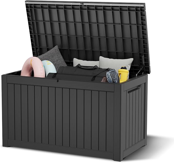 Outdoor Storage Box, 280 Gallon Resin Deck Boxes Outdoor Waterproof For Patio Furniture, Garden Tools, Pool Supplies, Lockable And UV Resistant (Striped Black)