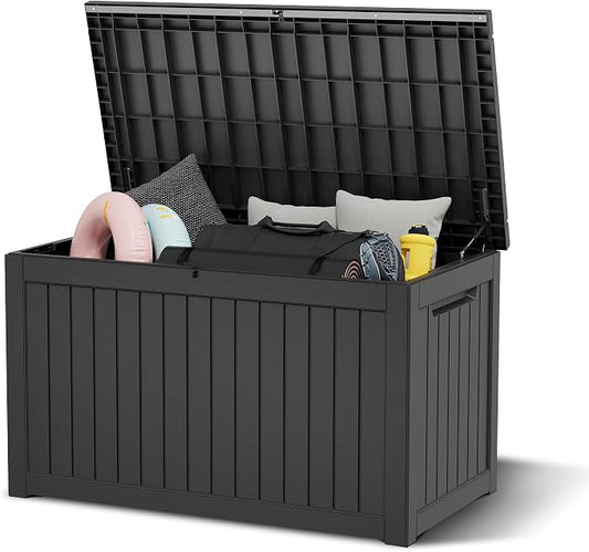 Outdoor Storage Box, 280 Gallon Resin Deck Boxes Outdoor Waterproof For Patio Furniture, Garden Tools, Pool Supplies, Lockable And UV Resistant (Striped Black)