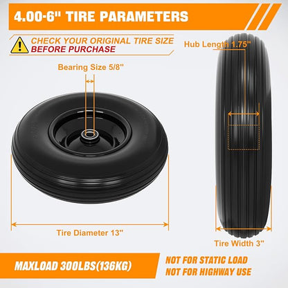 Yesker 4.00-6" Flat-Free Tires and Wheels, 13" Solid Wheelbarrow Tire with 5/8" Bearing 1.75" Centered Hub for Wheelbarrow, Garden Gorilla Cart, Hand Truck (1 Pack)