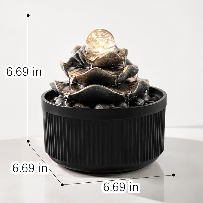 Indoor Tabletop Water Fountain - 3-Tier Lotus Leaf Design Waterfall with Warm Glowing LED & Rotating Ball, Zen Home Decor for Living Room Bedroom, Unique Housewarming Gift Idea