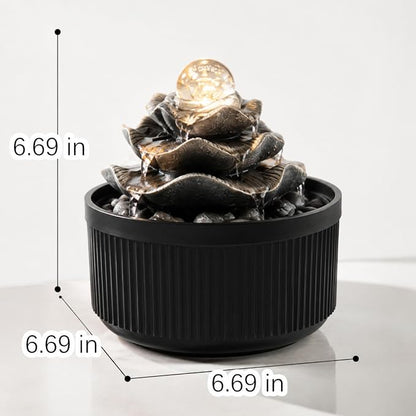 Indoor Tabletop Water Fountain - 3-Tier Lotus Leaf Design Waterfall with Warm Glowing LED & Rotating Ball, Zen Home Decor for Living Room Bedroom, Unique Housewarming Gift Idea