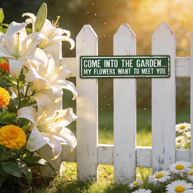 Rustic Metal Tin Sign, Funny Garden Quote Decor, Come into The Garden... Sign, Rustic Farmhouse Wall Art, for Yard Fence Door Porch, Indoor Outdoor Gardening Decoration, 15.7 x 3.9 Inches