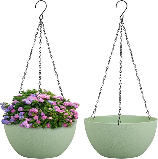 Meowell 8 inch Small Hanging Planters Plant Pots for Indoor Outdoor Plants, 2 Pack Hanging Flower Pots with Drainage Holes and Chain for Garden Porch, Plastic Hanging Baskets for House Plants, Green