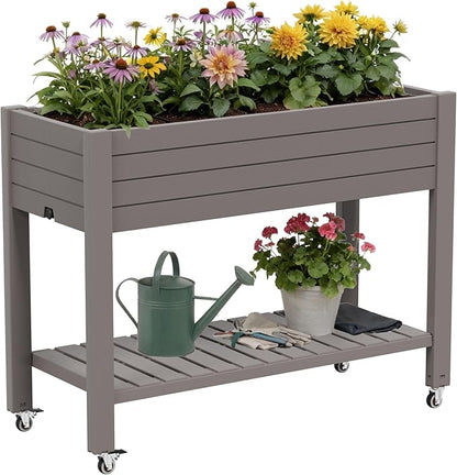 Fancyango Raised Garden Bed with Wheels 33.7" H -Medium Gray | Resin Elevated Garden Planter Box with Drainage, Outdoor Planter Box for Veggies Herbs Patio Balcony Backyard