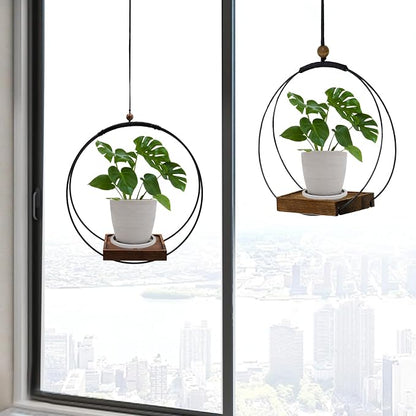 hismocal Hanging Planter for Indoor Plants,Plant Hanger with Sturdy Wood Base & Pot, Modern Boho Macrame Plant Hanger,Wall Ceiling Window Stands(2 Pack+Pots)