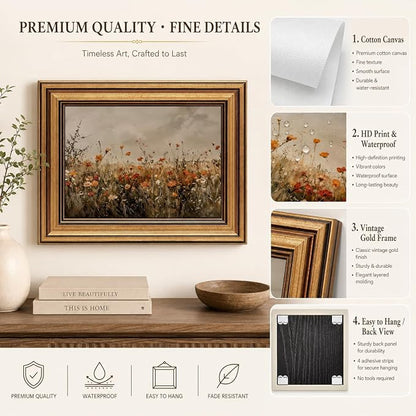 Devunaty Gold Framed Wall Art Vintage Flower Canvas Wall Art for Living Room Wildflower Field Nature Landscape Wall Decor Painting Picture Rustic Farmhouse Print Artwork Bedroom Bathroom Decor 9"x11"