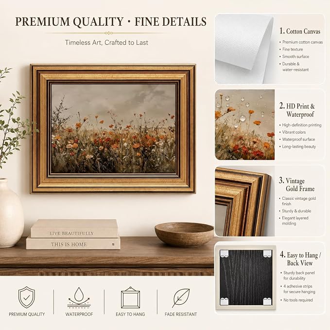 Devunaty Gold Framed Wall Art Vintage Flower Canvas Wall Art for Living Room Wildflower Field Nature Landscape Wall Decor Painting Picture Rustic Farmhouse Print Artwork Bedroom Bathroom Decor 16"x24"