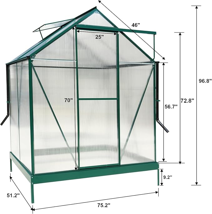 6x4 FT Greenhouse, Walk-in Polycarbonate Greenhouse, Heavy Duty Aluminum Outdoor Green House Kit with Sliding Door, Roof Vent, Rain Gutter for Backyard Garden All Season Growing, Green