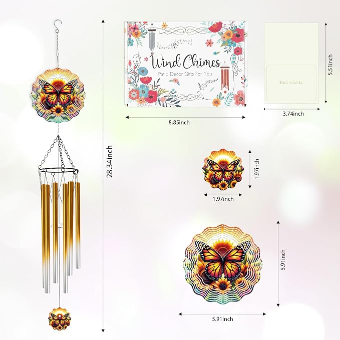 Butterfly Wind Chimes for Outside with Wind Spinner, Summer Garden Patio Yard Decor, Sunflower Monarch Butterfly Wind Chime with Colorful Gift Box, Birthday Housewarming Gifts for Women Mom