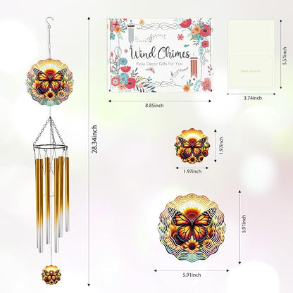 Butterfly Wind Chimes for Outside with Wind Spinner, Summer Garden Patio Yard Decor, Sunflower Monarch Butterfly Wind Chime with Colorful Gift Box, Birthday Housewarming Gifts for Women Mom