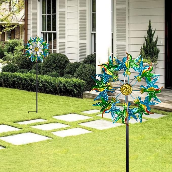 Viveta Wind Spinners for Yard and Garden, Hummingbird Wind Spinners | 57.5" Double Wind Spinner with Metal Stake, Yard Art Decor for Patio Lawn Garden