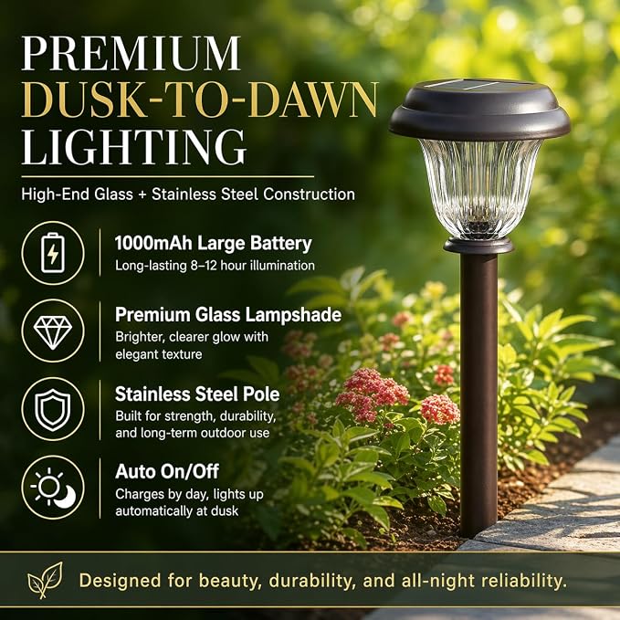 DERAYSION Solar Lights Outdoor, 6 Pack Brushed Stainless Steel Glass Solar Pathway Lights, Auto On/Off Long-Lasting Outdoor Solar Lights for Garden, Landscape, Path, Yard, 6000K Cold White