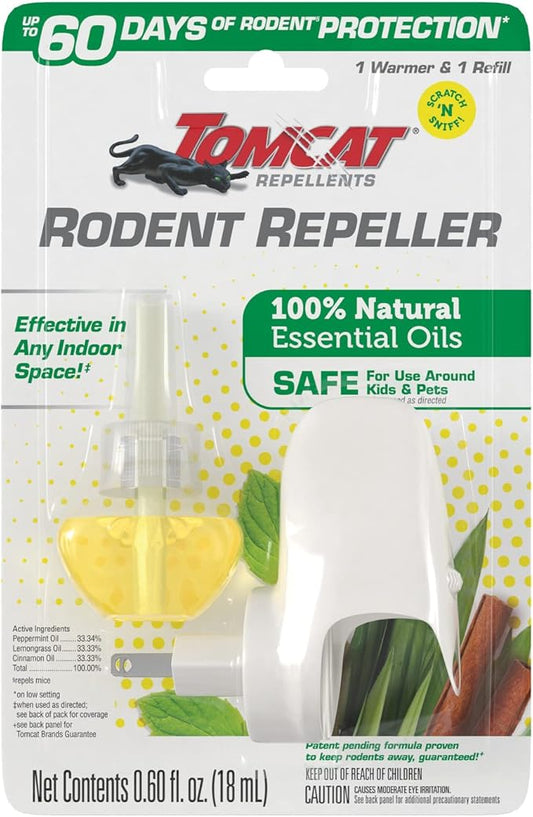 Tomcat Repellents Rodent Repeller, 1 Warmer with 1 Refill | Indoor Plug-In with Lemongrass, Cinnamon, and Peppermint Oil Natural Essential Oil Blend, Repels Rats and Mice