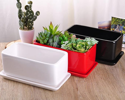 VanEnjoy 10 Inch Black Rectangle Ceramic Succulent Planter Pot Decorative Cactus Plant Pot Flower Container with Ceramic Tray
