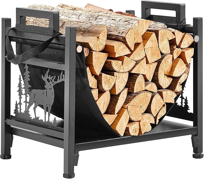 VEVOR Indoor Firewood Rack, 1.5 ft Curved Log Holder with Canvas Carrier, 40lb Weight Capacity Wood Storage Stand, Powder-Coated Steel Firewood Holder, Heavy Duty Wood Pile Stacker Rack for Fireplace