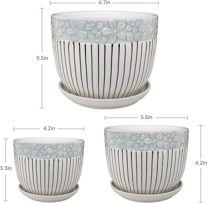 Ton Sin Grey Flower Pots, Texture Planter for Indoor Plants Set of 3 Ceramic Flower Pots with Saucer, Cute Garden Pots Succulent Pots, 6.75/5.6/4.2 Inch, Indoor Outdoor Home Garden Decor