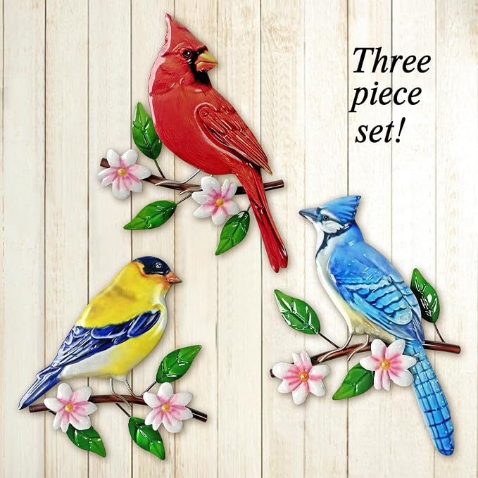 Limygus 3 Piece Metal Birds on Branch Wall Art, Floral Indoor Outdoor Hanging Decor for Garden Fence Courtyard