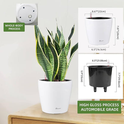 Dexceder 9x8 Self Watering Planter (White High Gloss) | Inner Pot Design, Thickened Table Flower Plant Pot with Water Level Indicator Indoor Outdoor