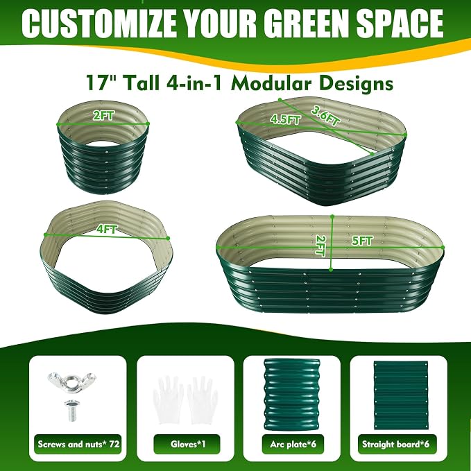 TBMLC 17" Tall Elevated Oval Metal Raised Garden Bed - 5ft x 2ft in Size and 0.8MM Thick Durable Planter Bed/Box for Vegetables Flowers Succulent at Patio/Garden Outdoor (Dark Green, 5X2X1.4 FT)