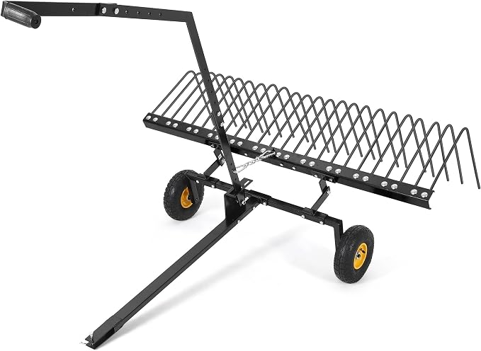 60-Inch Tow-Behind Landscape Rake, Heavy-Duty Steel Dethatcher & Pine Straw Rake for ATV, UTV, and Garden Tractors