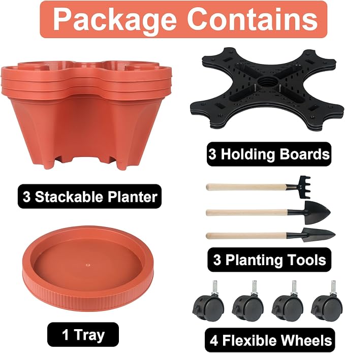 GameXcel Vertical Planter Tower - 3 Tier Stackable Garden Planters with Wheels and Tools Plant Pots for Strawberry Herb Flower and Vegetable Indoor Outdoor Use Red