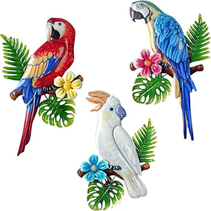 Limygus 3 Pcs Tropical Vivid Parrots on Branch Metal Wall Art, Indoor Outdoor Hanging Decor for Garden Fence Patio Courtyard