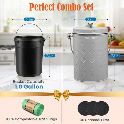AOSION Countertop Compost Bin Kitchen,Odorless Indoor Compost Bin with Lid | 1 Gallon Composter Container,Removable Inner Bucket,50 Compost Bags,2 Carbon Filters,ideal for food scraps,coffee grounds