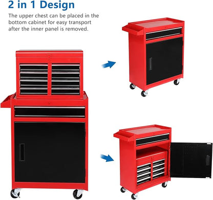 TUFFIOM 5-Drawer Rolling Tool Chest, Tool Storage Cabinet w/Drawers, Lockable Wheels, Detachable Top & Adjustable Shelf, Mechanic Tool Organizer Box for Garage, Workshop, Warehouse & Repair Shop
