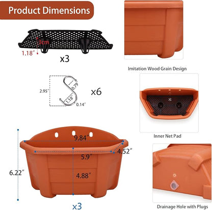 summer flower 3 Pack Hanging Planters for Railing, 9.84 Inch Plastic Window Box with Drain Hole Plug, Indoor Outdoor Flower Pots for Balcony Fence Garden Decor (Red)
