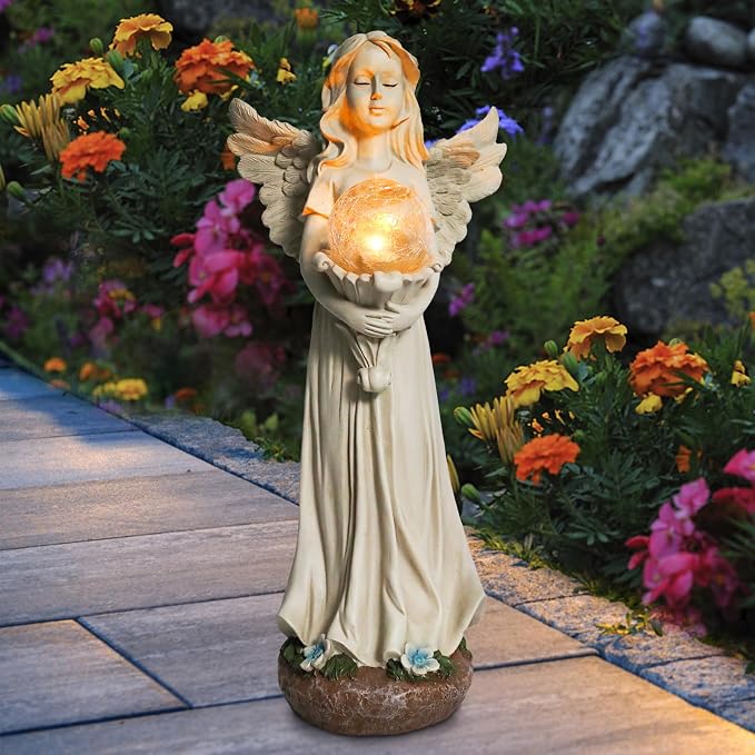 Angel Statue for Garden - 16.3 inches Guardian Solar Garden Statues with Solar Lights, Angel Figurines Gardening Gifts for Mother Grandma Lawn Outdoor Ornaments Figurines for Outdoor Decor