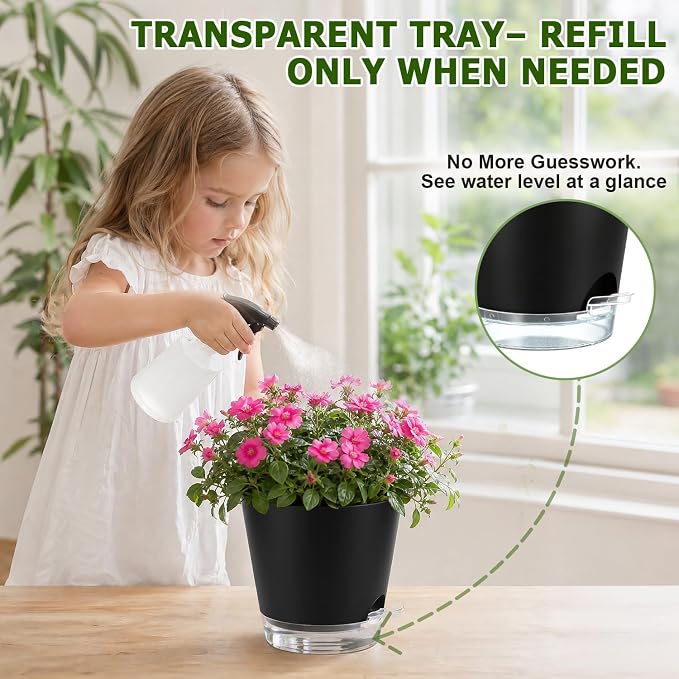 QRRICA 5/5.5/6/6.5/7/8 inch Self Watering Pot Set, Visible Water Level Planter with Transparent Reservoir & Drainage Holes, Plastic Flower Pots with Cotton Rope for Indoor/Outdoor Use (Black)