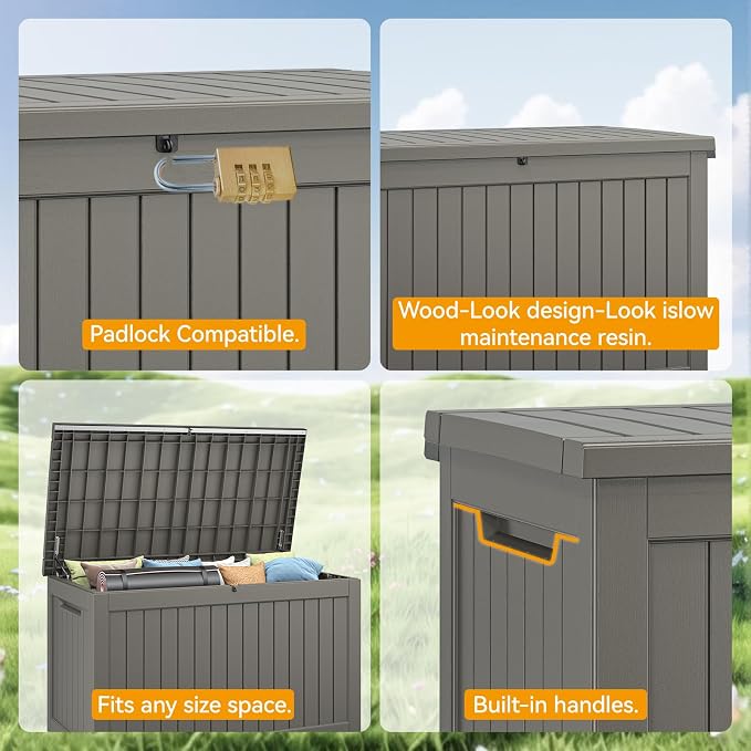 NUNU LAB 270 Gallon Large Resin Deck Box, Waterproof Outdoor Storage Box, Lockable Storage Bin for Patio Furniture, Garden Tools, Pool Accessories, UV-Resistant & All-Weather, Grey