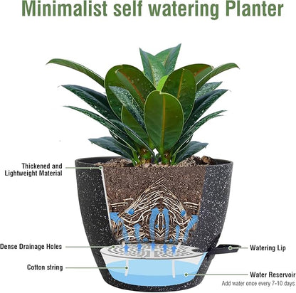 Meowell 12 inch Large Self Watering Pots for Indoor Outdoor Plants, Flower Plant Pots with Mesh Drainage Holes for Garden House Plants, Plastic Planters with Reservoir for Home Decor, Speckled Black