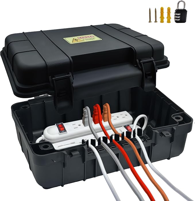 Paxboxtech Large Outdoor Electrical Box (13.4 x 9.5 x 5.2 inch), IP54 Waterproof Outdoor Extension Cord Cover, Weatherproof Outlet Box, Protect Power Strip, Outlet, Timer, Plug, Holiday Light, Black