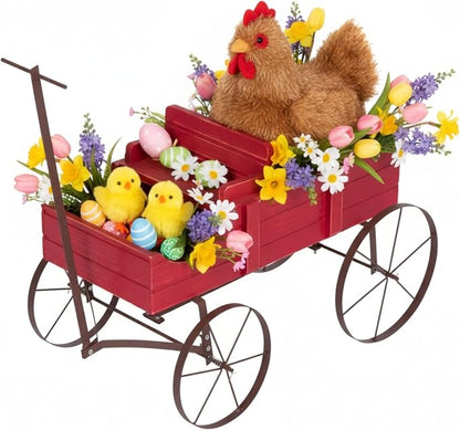Shine Company Decorative Wagon Garden Planter, Wooden Wagon Yard Décor for Outdoor Plants, Small, Red