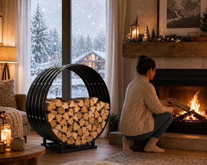 24" Firewood Rack with Roof Cover, Indoor & Outdoor Log Holder Keeps Firewood Dry, Clean & Organized for Fireplace, Patio & Backyard, Heavy-Duty Steel Wood Storage Rack, 400LBS Capacity