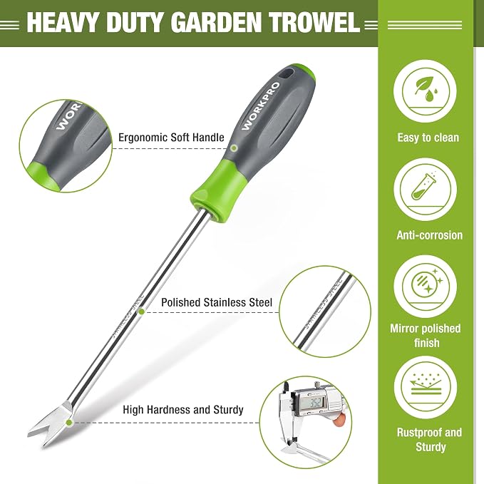 WORKPRO 11.5" Dandelion Weeder Puller Tool with Soft Handle | Polished Stainless Steel Garden Weed Remover Tool, Two-Pronged Fork Weeder Tool for Lawn Farmland Transplant Gardening