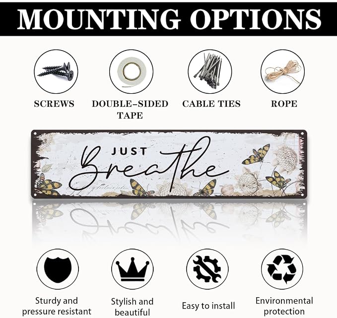 Garden Metal Tin Sign, Vintage Farmhouse Decor, Just Breathe, Butterfly Wall Decor for Yard Fence Door Porch, Inspirational Indoor Outdoor Garden Decoration, 15.7 x 3.9 Inches
