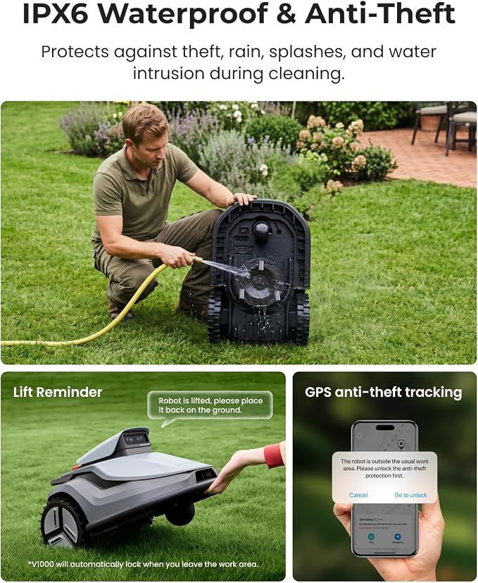 V1000 Robot Lawn Mower with Garage, Max 0.3 Acre, No Wire/RTK, Auto Mapping | Triple-Camera AI Vision Navigation and Obstacle Avoidance, Smart App Control, Multi-Zone Management for Complex Gardens