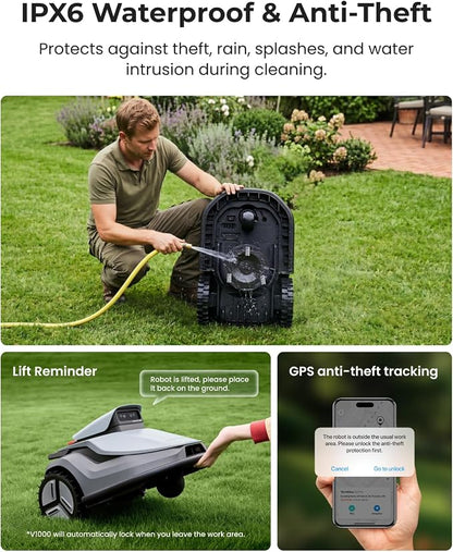 V1000 Robot Lawn Mower with Garage, Max 0.3 Acre, No Wire/RTK, Auto Mapping | Triple-Camera AI Vision Navigation and Obstacle Avoidance, Smart App Control, Multi-Zone Management for Complex Gardens