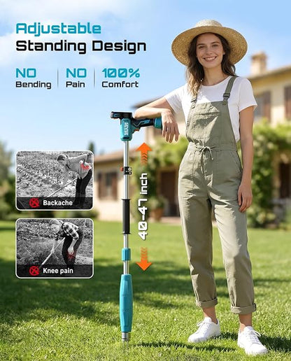 SEESII Electric Stand-Up Weed Puller Tool with 40"-47" Adjustable Handle, High-Power 3-Claw Stainless Steel Spiral, 4S Deep Root Removal, One-Button Eject, Dandelion Remover & Crabgrass Puller