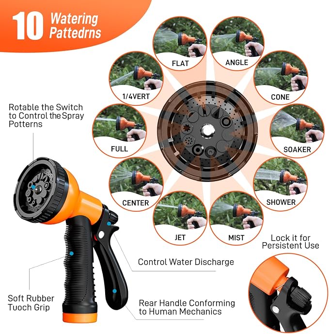 Besiter Garden Hose 100FT Stainless Steel Water Hose with 10 Functions Adjustable Spray Nozzle, Heavy-Duty Metal Garden Hose Flexible Durable No-Tangle & Kink Leak Dog Proof Hose for Yard Lawn(Orange)