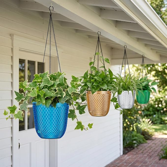 QCQHDU Hanging Planters for Indoor Plants, 2-Pack, 7.2 Inch, Klein Blue | Plastic, Self Watering Plant Hanger, with Drainage Holes, 3 Hooks Chains, For Garden Home