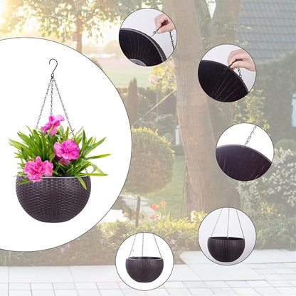 Vencer 11 Inch Round Resin Rattan Hanging Planters,Coffee,VF-A15-C | Self Watering,Drain Hole,Metal Chain,Water Indicator,Indoor Outdoor