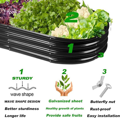 Rakukiri Raised Garden Bed GRS Certified Galvanized Planter Box Outdoor, 8ft Oval Rot-Resistant Metal Garden Bed Planter, Recycled Material Planter for Vegetables Flowers Herbs (Black)