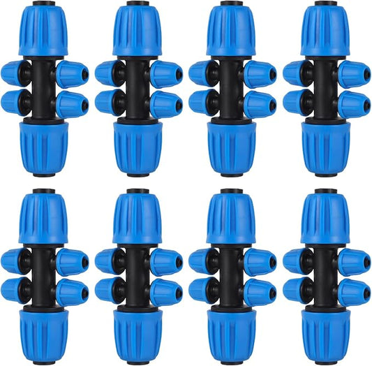 10 Pcs 1/2 to 1/4 inch Garden Hose Tubing Irrigation Fittings,6-Way Anti-Leak 1/2'' to 1/4'' Locked Barbed Drip Irrigation Tee Connectors (1/2"IDx0.6-0.63"OD) 1/2'' to 1/4'' Irrigation Tubing Fitting